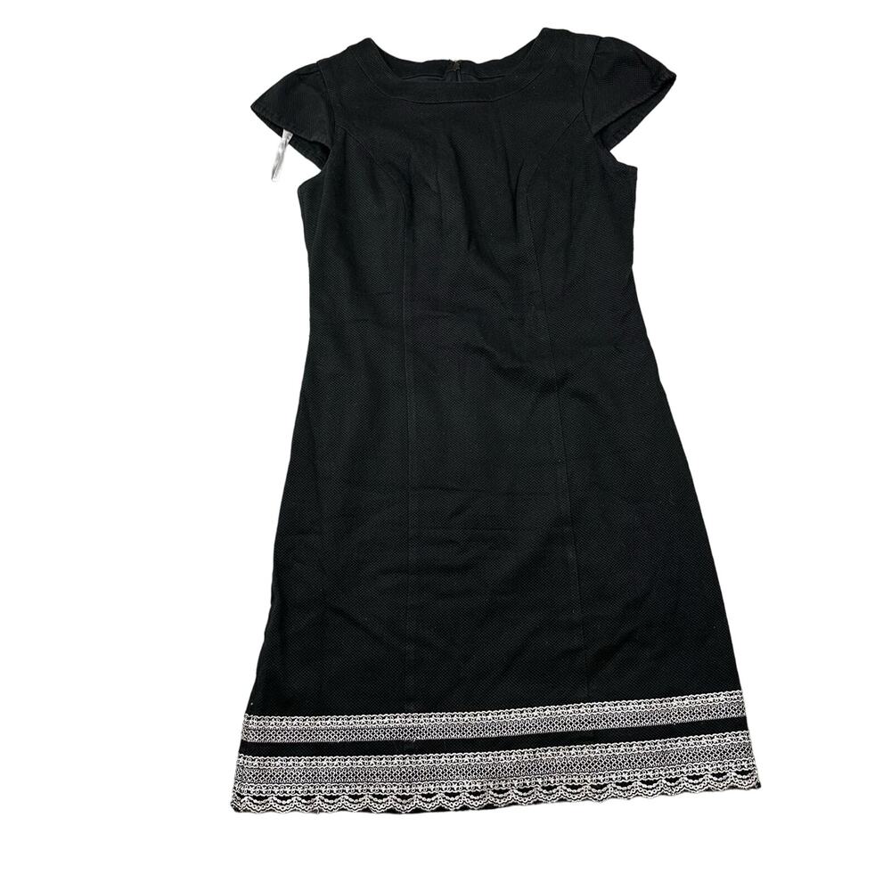 Oleg Cassini Sheath Dress Women Size 6 Black Excellent Lace Hem Cap Sleeve 30486